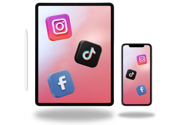 Webdesign auf Ipad und Iphone Moderne Webdesign-Darstellung auf Tablet und Smartphone mit Icons von Instagram, TikTok und Facebook – responsive Social Media Integration
