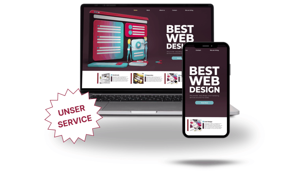 Best Webdesign Webdesign: Laptop und iPhone nebeneinander beide zeigen dieselbe Webseite auf dem Display. Links im Bild ist ein Sticker mit der Aufschrift ‚Unser Service‘ zu sehen.